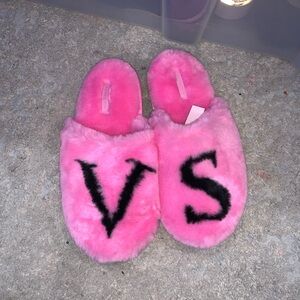 Pink Fuzzy Slippers with Black VS Logo